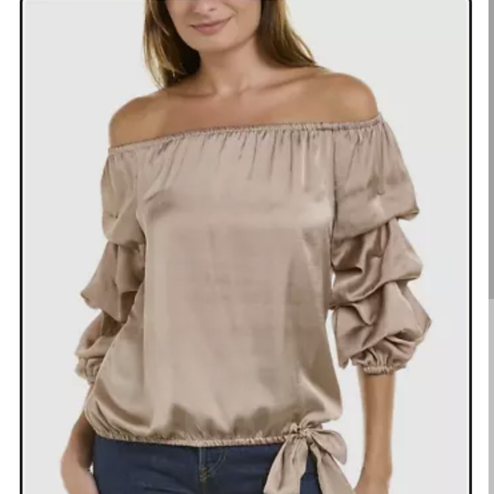 ☆ MSK Taupe Shimmer Off the Shoulder Puff Sleeve Top size L - Picture 1 of 14